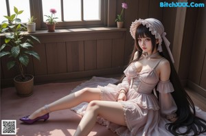 A woman in a pink dress sitting on the floor.