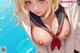 Anime girl in a school uniform posing by a pool.