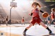 A girl in a red uniform dribbling a basketball on a court.